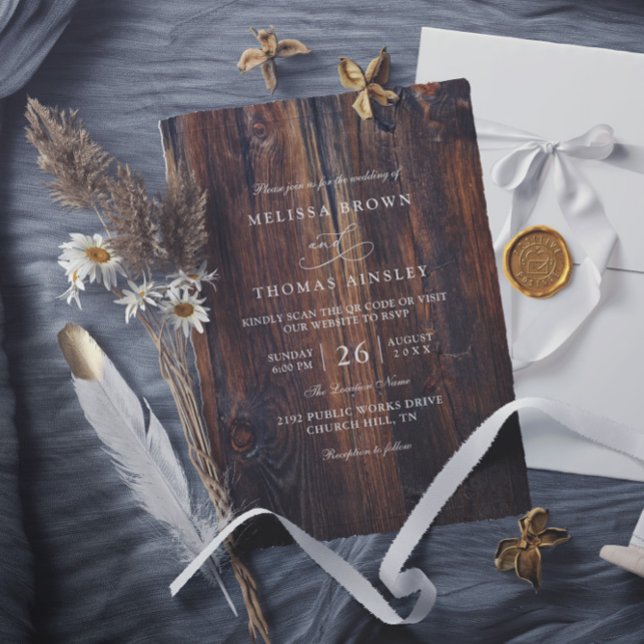 Invitation Textured Wood Rustic Country QR Code Wedding (Créateur téléchargé)
