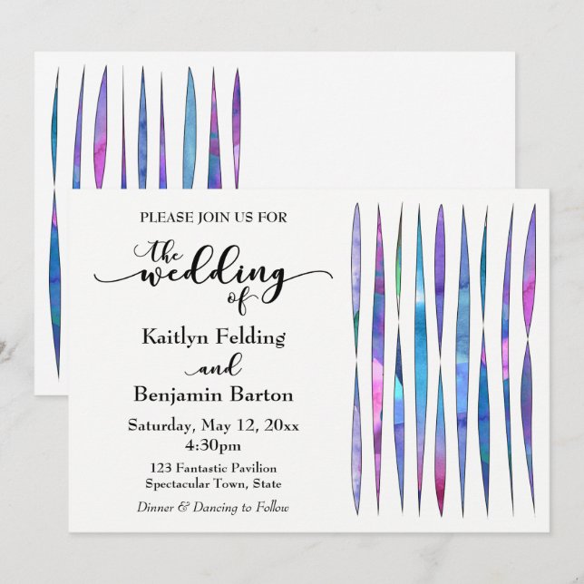Invitation Textures Aquarelle Blanc Violet Rose Bleu Mariage (Devant / Derrière)