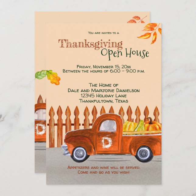 Invitation Thankesgiving Open House Orange Truck Fun (Devant / Derrière)