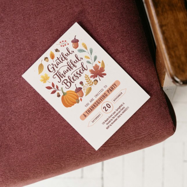 Invitation Thankful Grateful Blessed leaf Thanksgiving Fall (Thankful Grateful Blessed leaf Thanksgiving Fall Invitation funny quote give thanks wreath autumn )