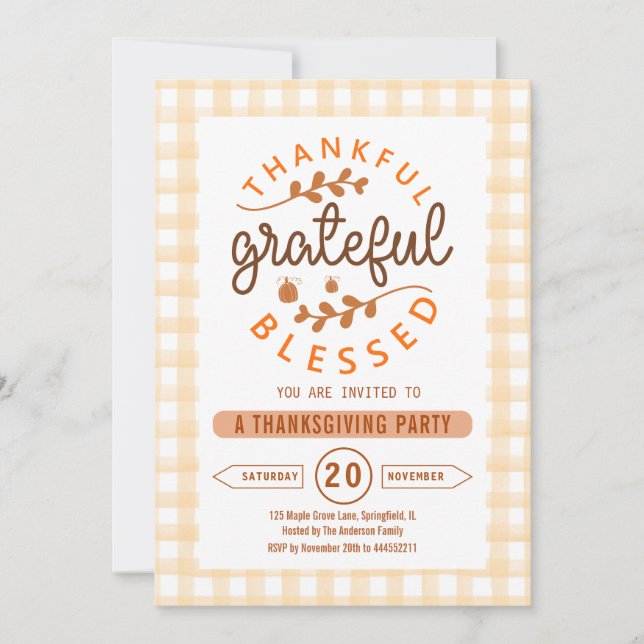 Invitation Thankful Grateful Blessed Thanksgiving Party (Devant)