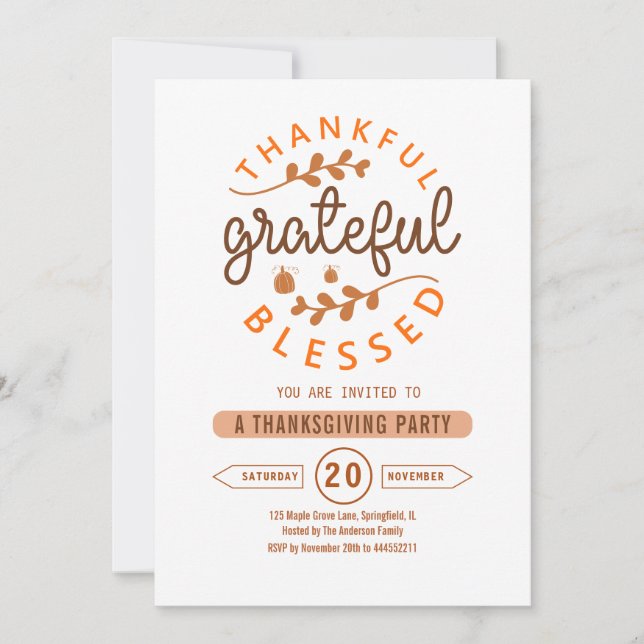 Invitation Thankful Grateful Blessed Thanksgiving Party (Devant)