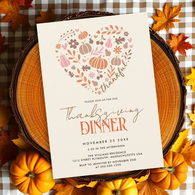 Invitation Thankful heart with pumpkins Thanksgiving dinner (Créateur téléchargé)