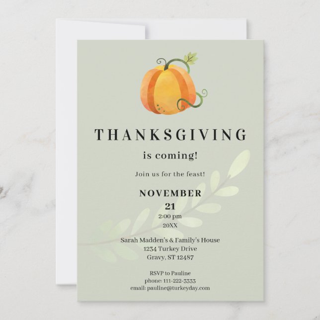 Invitation Thanksgiving arrive ! Citrouille du dîner V3 (Devant)