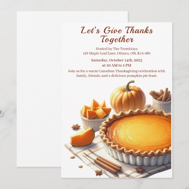 Invitation Thanksgiving Canada | Collecte de tarte Citrouille (Devant / Derrière)