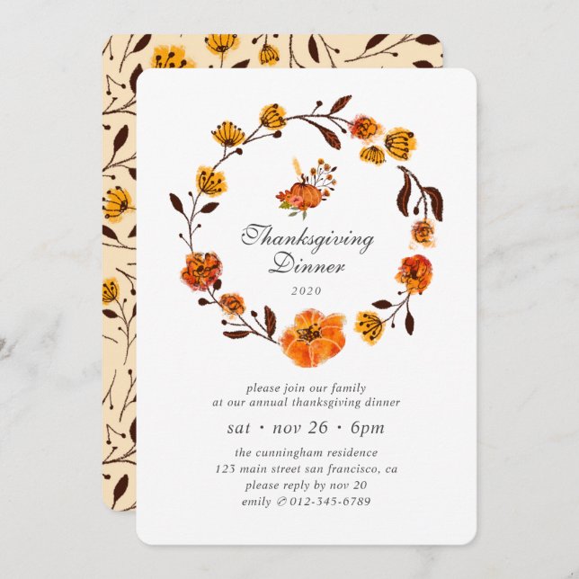Invitation Thanksgiving de Floral Citrouille moderne (Devant / Derrière)