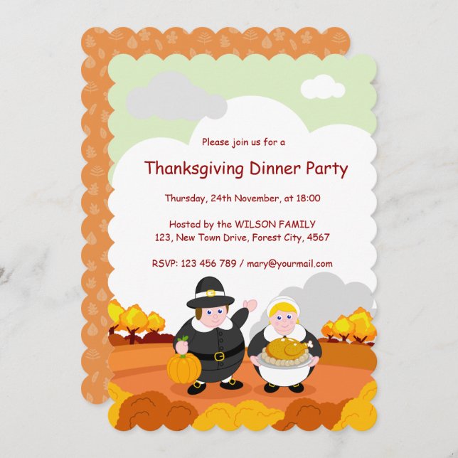 Invitation Thanksgiving Fall / Automne scène avec pèlerins, (Devant / Derrière)