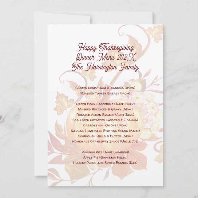 Invitation Thanksgiving Family Dinner Menu Modèle (Devant)