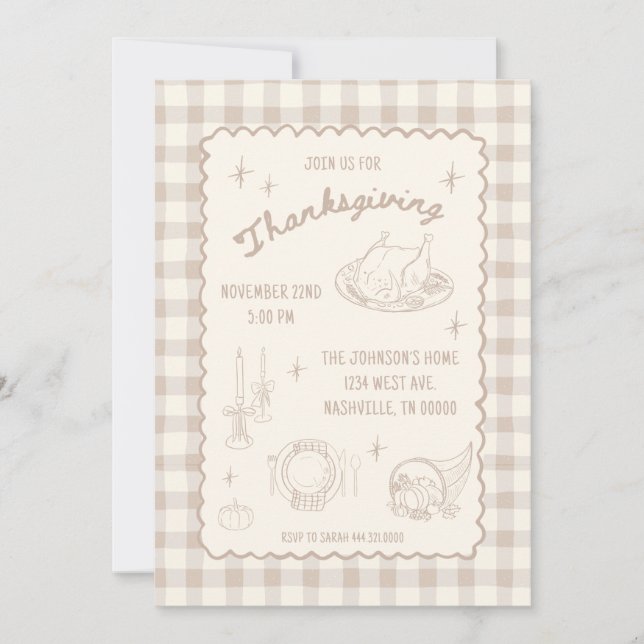 Invitation Thanksgiving Gingham Tan Neutral Aesthetic (Devant)