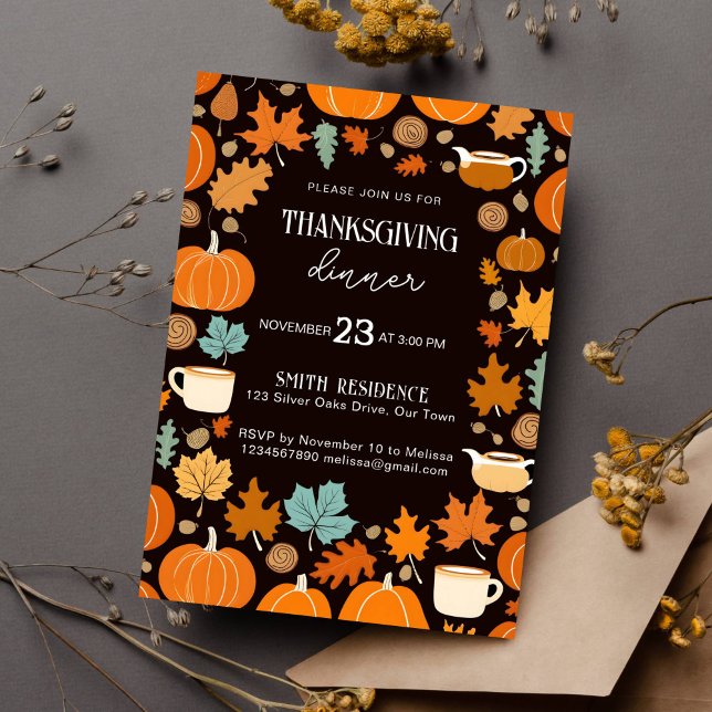 Invitation Thanksgiving rétro style citrouille érable feuille (Thanksgiving dinner party template invitation instant download retro style pumpkins fall leaves cups)