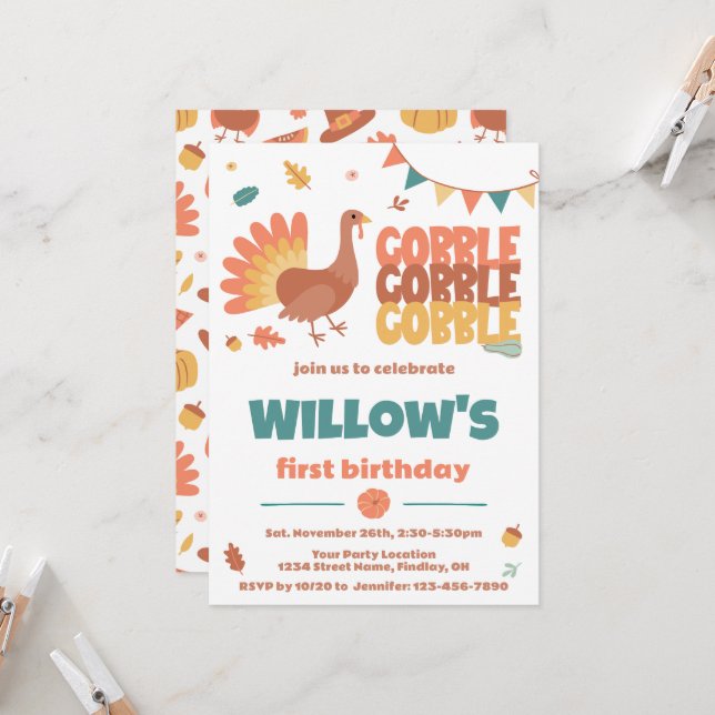 Invitation Thanksgiving Turkey Gobble Gobble Anniversaire (Devant/Arrière en situation)