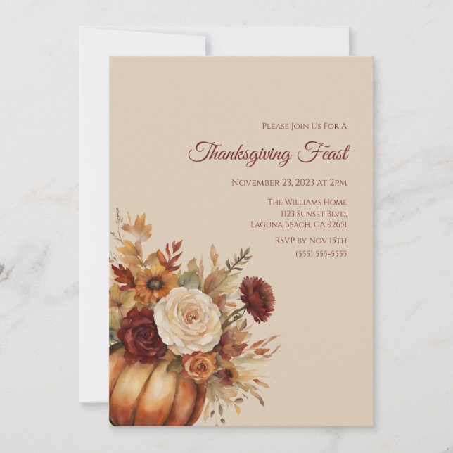 Invitation Thanksgiving-Watercolor Citrouille et fleurs- (Devant)