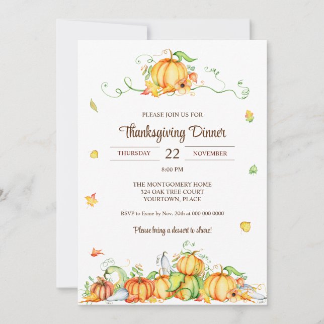 Invitation Thanksgiving Watercolor Citrouille Vines Party (Devant)