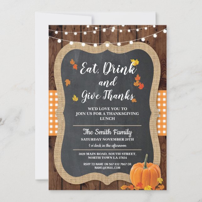 Invitation Thanksgiving Wood Donner Merci Rustic Lights Invit (Devant)