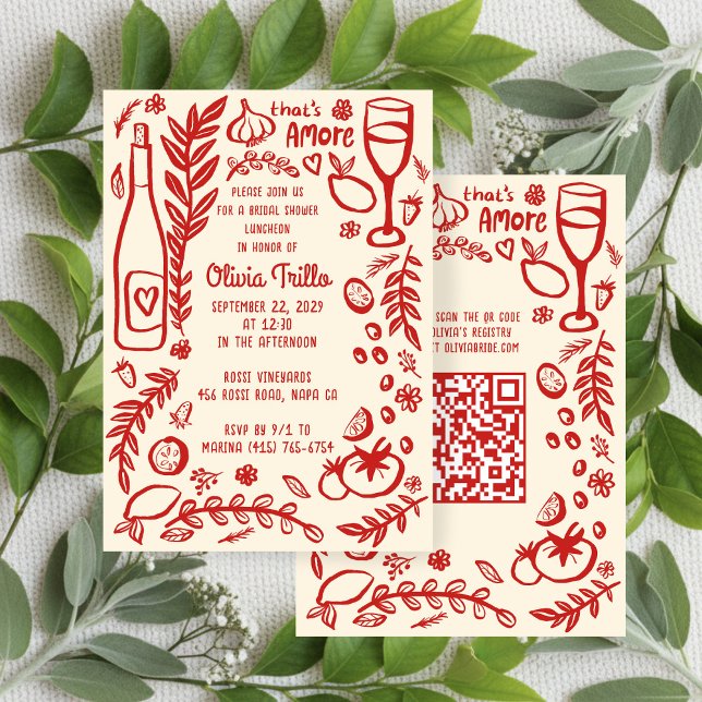 Invitation That's Amore Italian Food CUSTOM Bridal Shower QR  (That's Amore Hand-drawn Doodle Italian Food CUSTOM QR code Bridal Shower Party Invitation
)