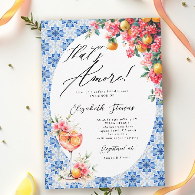 Invitation Thats Amore Italian Lemon Floral Bridal Shower  (thats amore italian themed bridal shower invitation lemon and blue watercolor floral bouganvillea)