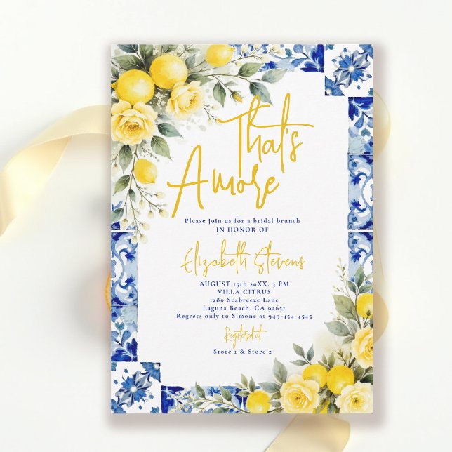 Invitation That's Amore Lemon and Blue Floral Bridal Shower  (thats amore bridal shower theme lemon and blue italian summer invitation yellow roses floral)