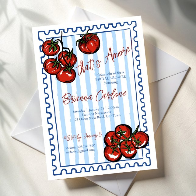 Invitation That's amore tomato blue Italian bridal shower (That's amore tomato blue stripes post stamp Italian bridal shower Invitation cards template)