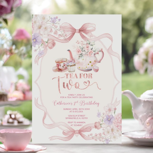 Invitation Thé à deux Coquette Rose Fleur Fille 2e Anniversai (Créateur téléchargé)