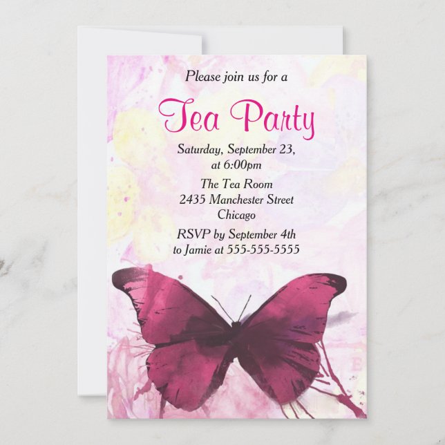 Invitation Thé à la fête papillon aquarelle violette (Devant)