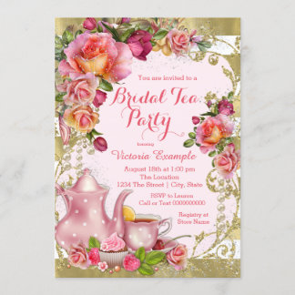 Invitation Thé à la fête scintillante rose et or