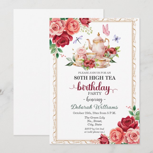 Invitation Thé à la haute élégance pour 80e anniversaire  (Devant / Derrière)