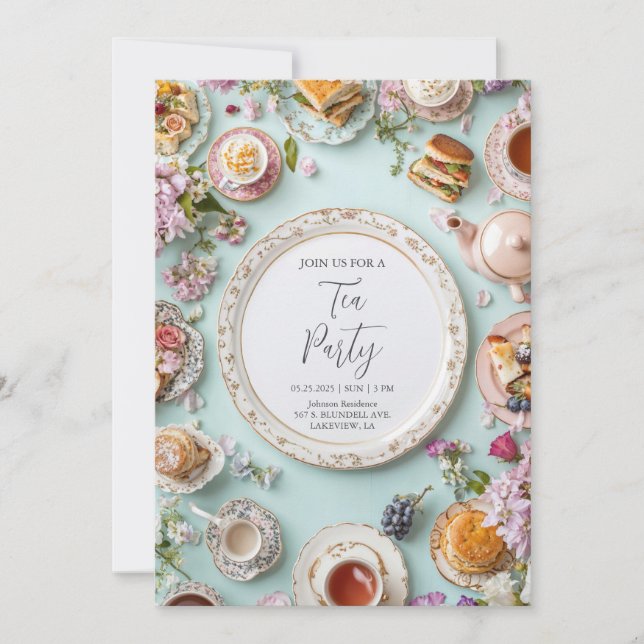 Invitation Thé à la haute mode avec vue de dessus sur des fle (Devant)