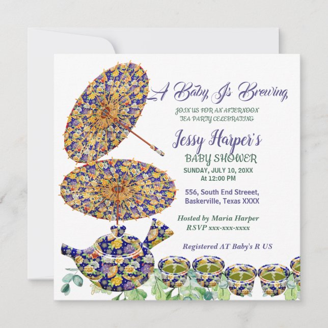 Invitation Thé à la menthe à la fête de bébé avec un service  (Devant)