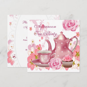 Invitation Thé à la mi-journée Party Théière Rose Rose Vintag