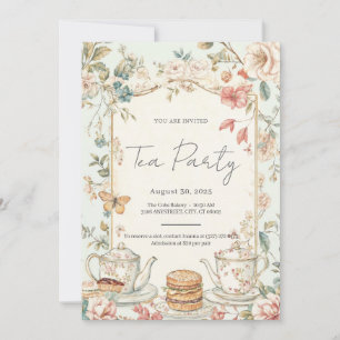 Invitation Thé à la Party aux Aquarelles Florales Vintage