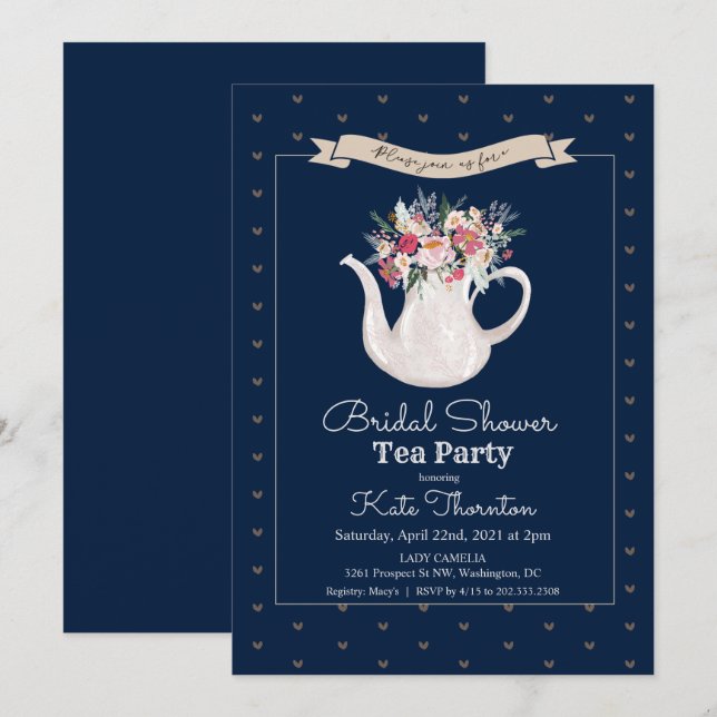 Invitation Thé à la théière florale pour la mariée (Devant / Derrière)