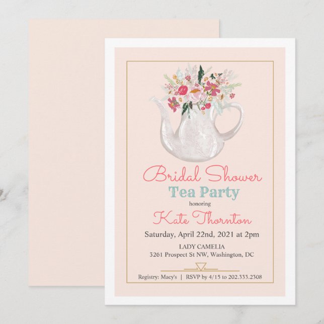 Invitation Thé à la théière florale pour la mariée (Devant / Derrière)