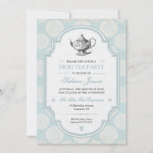 Invitation Thé à l'anglaise victorien bleu de style haute soc