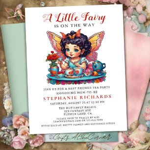 Invitation Thé à papillon fée Baby shower Rose rouge Citation