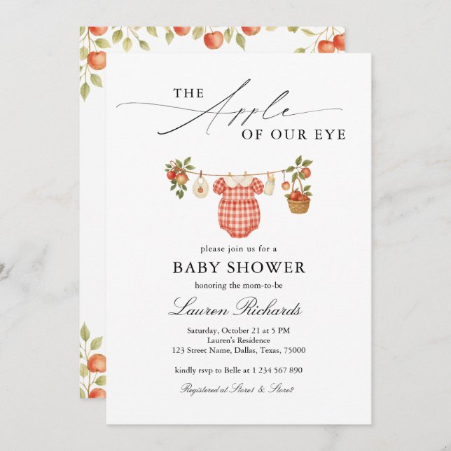 Invitation The Apple Of Our Eye Clothesline Plaid Baby Shower (Devant / Derrière)