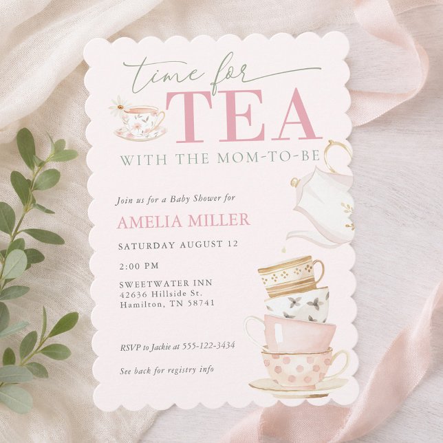 Invitation Thé avec la future maman Fille Baby Shower  (Tea with the Mom-to-be Pink Girl Baby Shower Invitation)