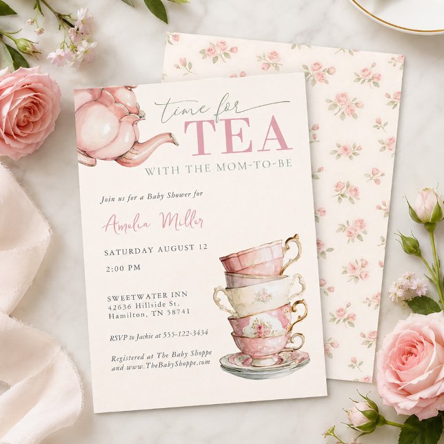 Invitation Thé avec la future maman Fleurs roses Baby Shower  (Tea with the Mom-to-be Pink Floral Baby Shower Invitation)