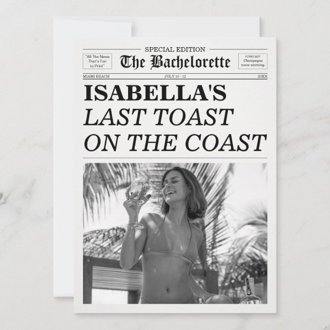 Invitation The Bachelorette Newspaper Last Toast On The Coast (Devant)