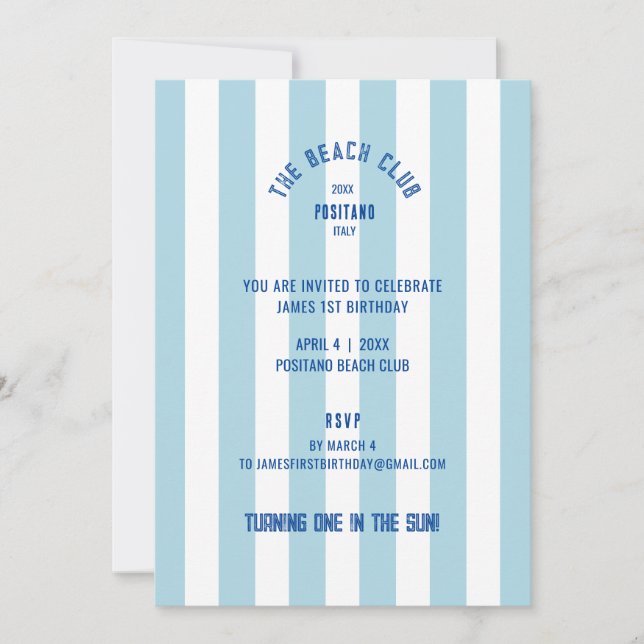 Invitation The Beach Club Blue Cabana Stripe 1s Birthday (Devant)