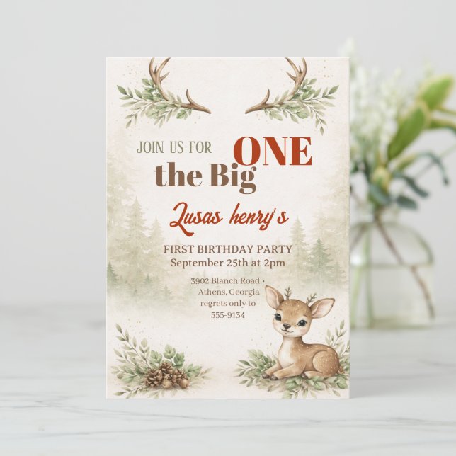 Invitation The Big ONE Deer First Hunting 1st Birthday  (Debout devant)