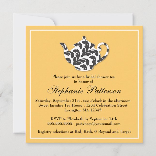 Invitation Thé chic de Fête de la mariée de damassé de noir (Devant)