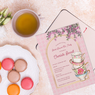 Invitation Thé dans le jardin rose avec des tasses fleuries, 