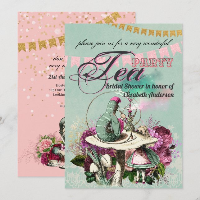 Invitation Thé dans le style d'Alice au pays des merveilles,  (Devant / Derrière)