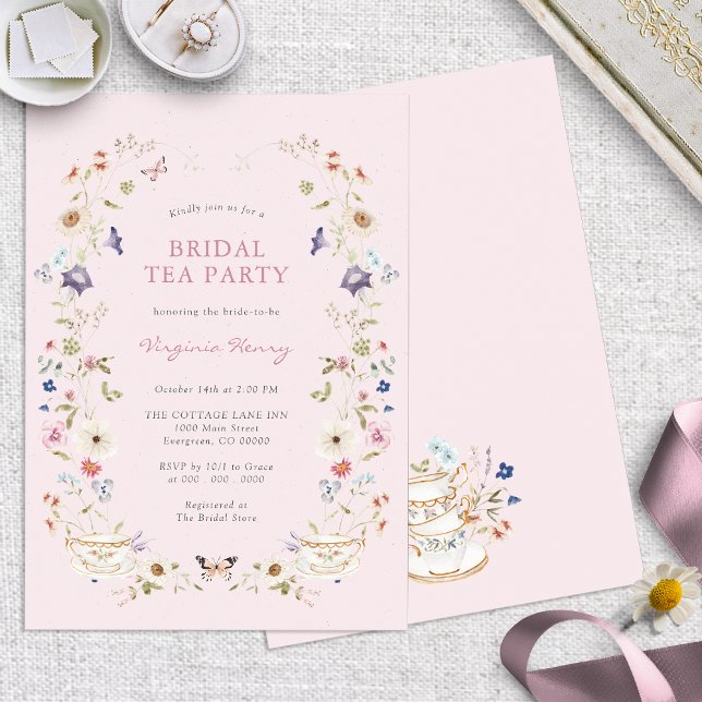 Invitation Thé dansant de mariage aux fleurs roses (Elegant Pink Floral Bridal Tea Party Invitation with Butterflies by Painted Paperie
)