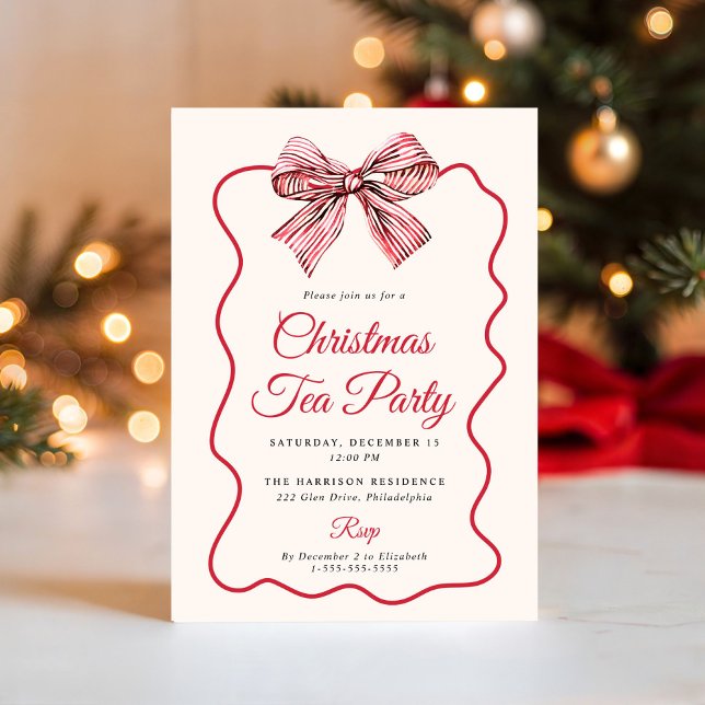 Invitation Thé dansant de Noël au nœud coquet (Coquette Bow Christmas Tea Party Invitation)