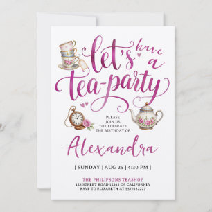 Invitation Thé dansant Élégant Tasse Florale Rose Calligraphi