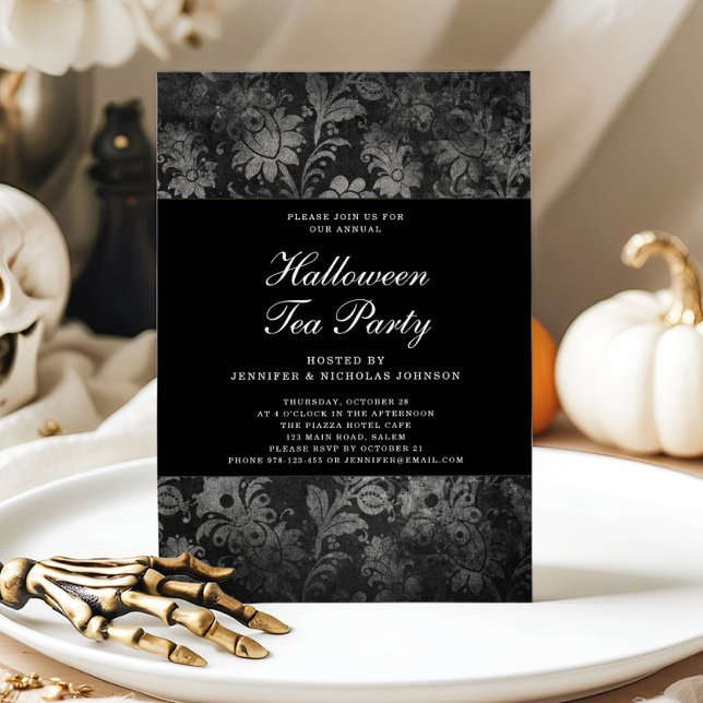 Invitation Thé dansant Halloween en damas noir gothique (Gothic Black Damask Halloween Tea Party Invitation)