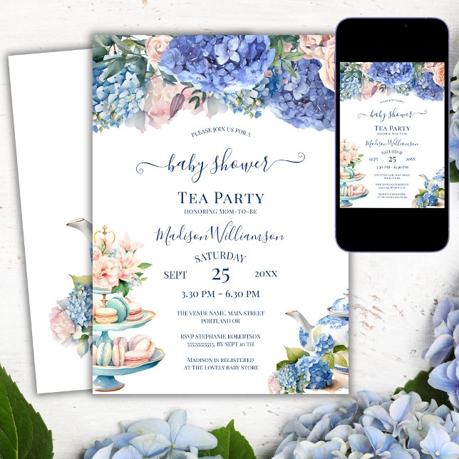 Invitation Thé dansant pour Baby Shower avec Hydrangeas bleus (Créateur téléchargé)