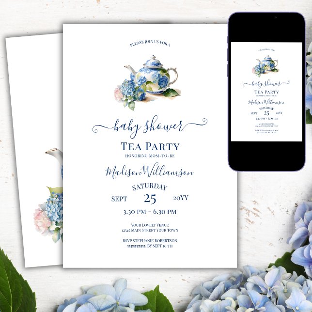 Invitation Thé dansant pour Baby Shower avec Hydrangeas bleus (Créateur téléchargé)