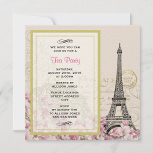 Invitation Thé dansant Tour Eiffel vintage avec fleurs roses